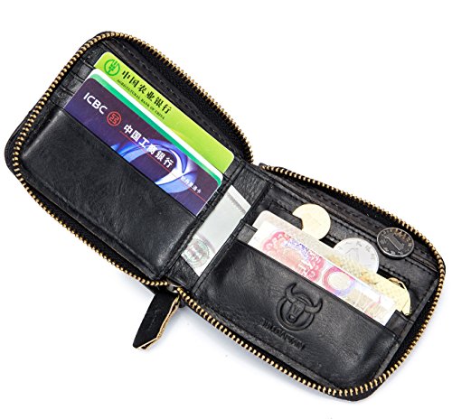 Image of BULLCAPTAIN Mens Leather Wallet Zipper RFID Blocking Wallets Coins Purse (Black)