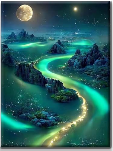 Yiminu.DS Diamond Painting Kit Completo 1 Pezzi, Diamanti Painting Kit 5D Adulti, Pittura Diamante Quadri Con Perline, 30CM X 40CM, paesaggio fiume cielo stellato
