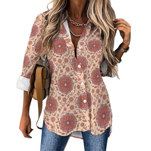 Women's Casual Blouse Asymmetrical Hem Flowy Fit Soft Mandala Flower Vintage Ornament Pattern for Date M