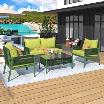 4-Piece Rope Patio Furniture Set, Outdoor Conversation Set with Tempered Glass Table, Deep Seating Design with Thick Cushion for Backyard, Porch and Balcony Fluorescent Yellow & Green