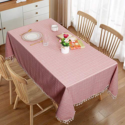 Tassel Tablecloth 55\"x55\" Square Tablecloth Blush Embroidery Checkered Tassel Tablecloth Cotton Linen Wrinkle Free Table Cloth for Kitchen Table Cover for Indoor and Outdoor Decor (55\"x55\", Blush)