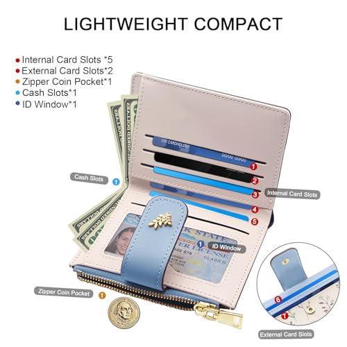 LJCZKA Small Wallets for Women Bifold Leather Zipper Pocket Wallet Credit Card Holder Floral Purse Girls Ladies with ID Window (Blue)4