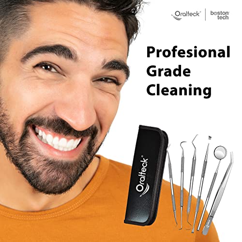 Image of Boston Tech Dental Tools Kit, 6-Piece Plaque Remover and Tartar Scraper Set with Dental Picks, Mirror, Tweezers and Storage Case for At-Home Teeth Cleaning, Gray