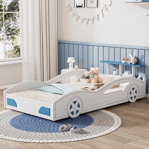 Image of VeroFree Twin Size Race Car-Shaped Platform Bed with Wheels, Modern Wooden Platform Bed Frame with Support Slats, Twin Floor Bed for Teens Kids Boys Girls, No Spring Need, White