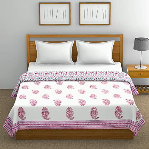 Image of BLOCKS OF INDIA 100% Cotton Dohar King Size Reversible Hand Block Printed Malmal Summer Dohar /Blanket (Multicolor Mughal Pink)