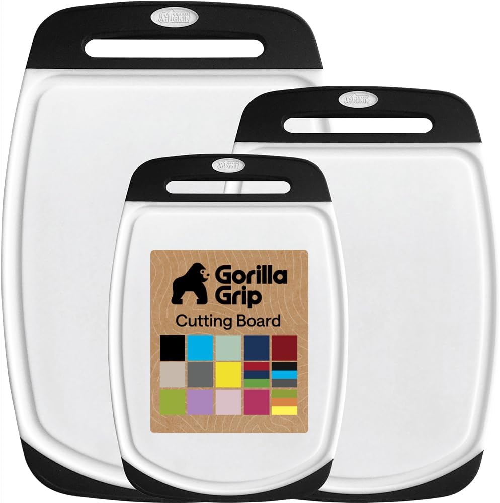 GORILLA GRIP BPA-Free Reversible Kitchen Cutting Board Set of 3, US Designed, Nonporous, Juice Grooves Catch Liquid, Slip Resistant Border, Dishwasher Safe, Durable Large Food Chopping Boards, Black GORILLA GRIP BPA-Free Reversible Kitchen Cutting Board Set of 3, US Designed, Nonporous, Juice Grooves Catch Liquid, Slip Resistant Border, Dishwasher Safe, Durable Large Food Chopping Boards, Black