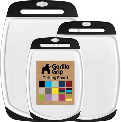 GORILLA GRIP Juego de 3 tablas de cortar de cocina reversibles sin BPA, diseñadas en Estados Unidos, no porosas, ranuras para jugos, borde