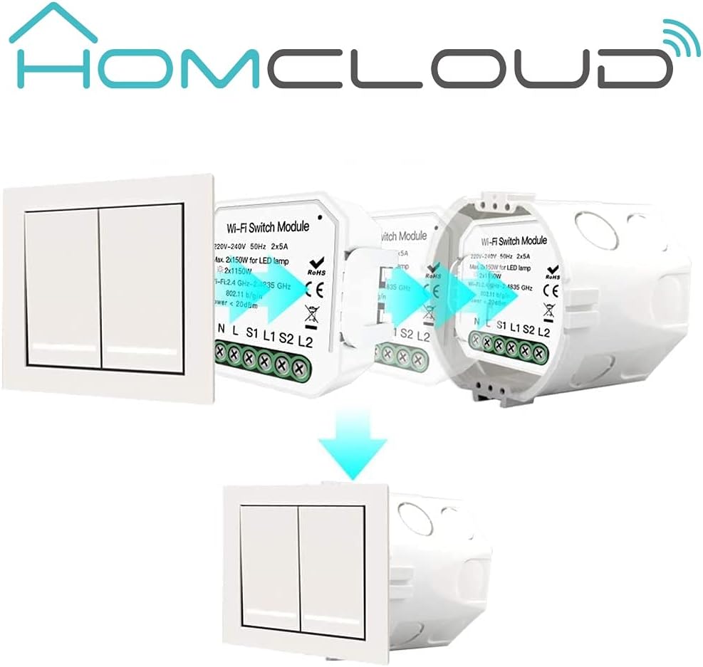 Homcloud Wi-Fi Smart Shutter Module installation diagram behind a wall switch