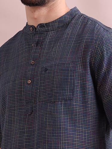 Image of Filori Lurex Checks Design Short Kurta | Pure Cotton | Half Sleeves | Mandarin Collar