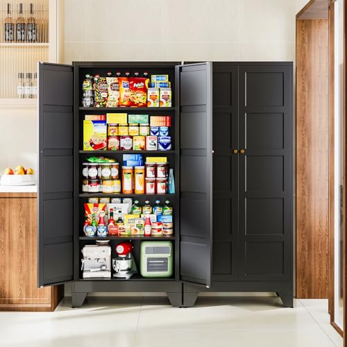 Image of Letaya 72 inch H Metal Storage Cabinet with 2 Doors and 4 Shelves,Tall Kitchen Pantry Cabinets,Utility Pantry Organizers for Cupboard /Dining /Bathroom /Home Office /Garage (Black, 72 inch H x 18 inch D x 33.5 inch W)
