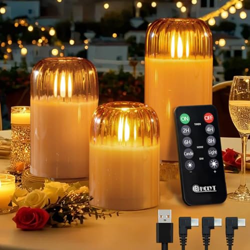 Image of LEDHOLYT Rechargeable Jar Flameless Candle, Flashing LED Pillar Christmas Candle with Remote Control and Timer, Gold Pumpkin Glass Electronic Candles for Room Decoration, 1 Set of 3