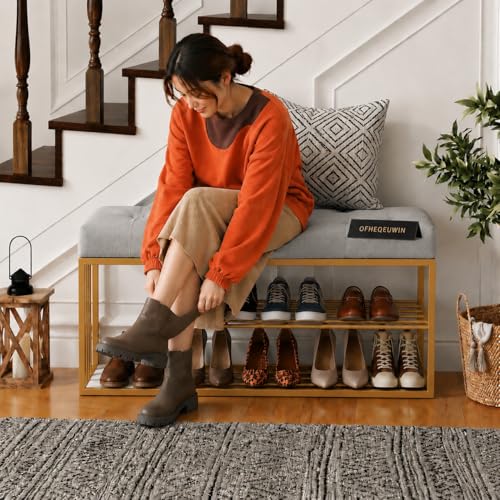 Image of Entryway Shoe Rack with Cushioned Seat, Shoe Bench for Entry, 2 Shelves Storage Bed Bench