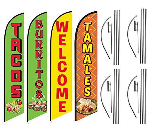 Tacos Burritos Tamales Welcome Mexican Restaurant Feather Flag Kit Package, 4 Banner Swooper Flag Kits with Flag Poles and Ground Stakes