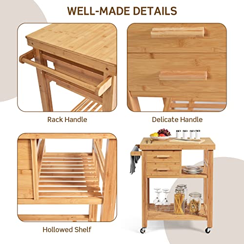 Happygrill Kitchen Island With Storage, Rolling Kitchen Cart With Shelves And Drawers, Multi-Purpose Bamboo Utility Cart Serving Cart On Lockable Wheels With Towel Rack #TOP4