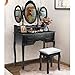 Giantex Tri Folding Oval Mirror Wood Bathroom Vanity Makeup Table Set with Stool &7 Drawers (Black)
