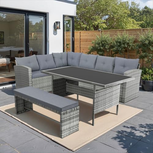 CONCEPT USINE | Salon de Jardin Repas 8 Places Moorea Gris | Canapé d’Angle + Banc + Table Rectangulaire Verre Trempé | Résine Tressée & Acier | Coussins...