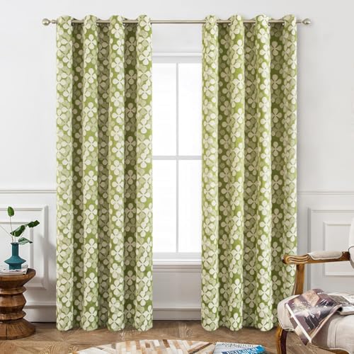 VOGOL Short Grommet Curtains for Bay Window, Sage Green Four-Leaf Clover Pattern Light Filtering Drapes for Dining Room, Faux Linen Privacy Curtain Panels for Office, 2 Packs, 52x63