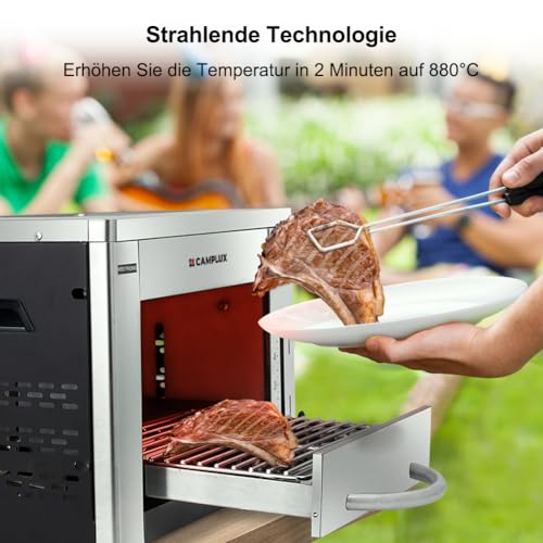 CAMPLUX SG102 Tragbar Oberhitze Gasgrill 3,2kW, Hochleistungs Steakgrill aus Edelstahl, 880°C...