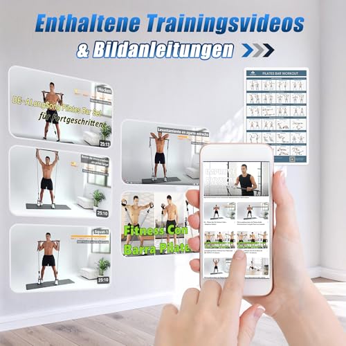 ALongSong Fitnessbänder Pilates Bar Set mit 6 Widerstandsbänder 20-180Lbs & Pilates-Stange, Griffe, Türanker für Fitness/Yoga/Kniebeugen/Stretching/Figurformung-Korallenrosa