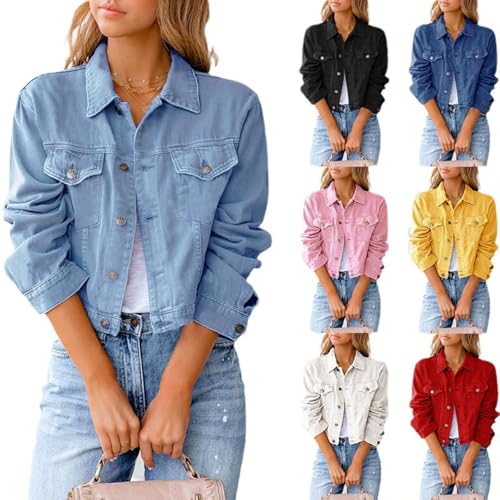 Jean Jacket for Women Petite Cropped Long Sleeve Denim Jacket Colored Lightweight Jeans Jackets Trucker Coat