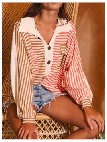 WDIRARA Women's Striped Long Dolman Sleeve T Shirts Button Front Collared Tee Oversized Top3