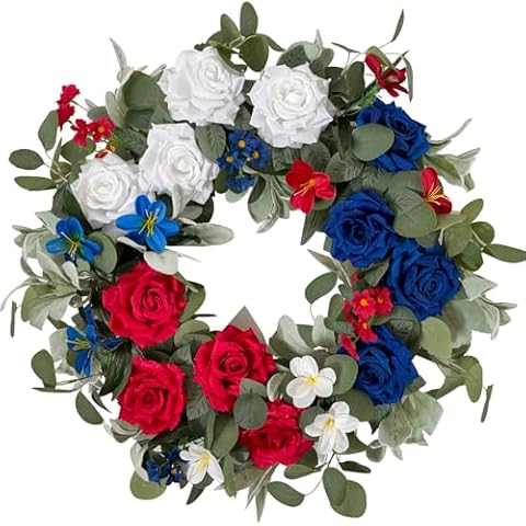 WANNA-CUL Patriotic Wreath Decorations, 24 Inch Rose 4th of July Wreaths for Front Door, Red White Blue Spring Door Wreath for Independence Day, Memorial Day for Indoor Outdoor Decor Cover