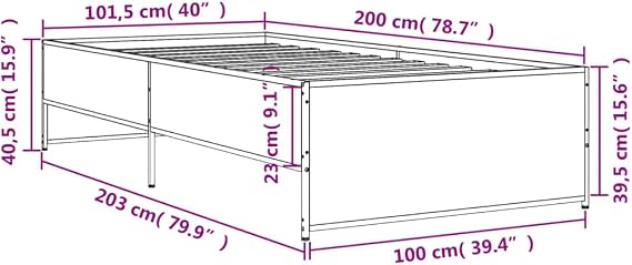 Single Bed Frame 100x200 Smoked Oak, Metal Legs, Plywood Slats, 203 x 101.5 x 40.5 cm, Robust Engineered Wood Finish, Modern Low Profile for Bedroom, Guest Room, Loft