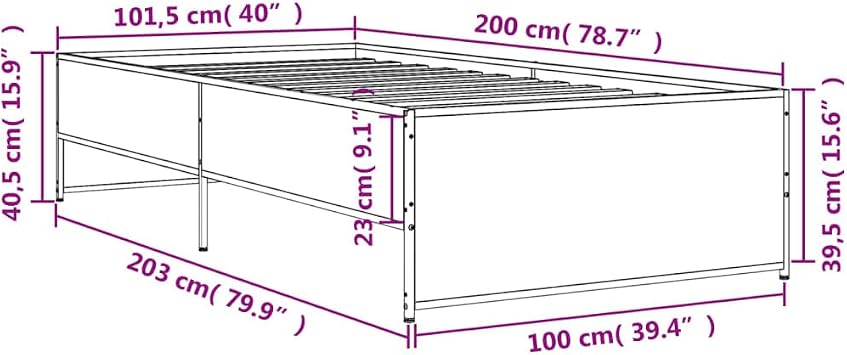 Single Bed Frame 100x200 Smoked Oak, Metal Legs, Plywood Slats, 203 x 101.5 x 40.5 cm, Robust Engineered Wood Finish, Modern Low Profile for Bedroom, Guest Room, Loft