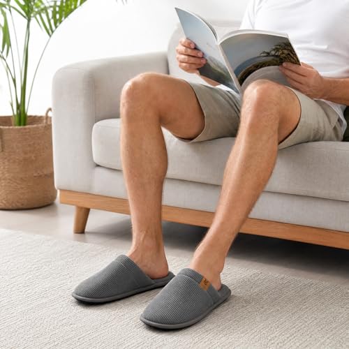 Image of VeraCosy Men's Corduroy Scuff Slippers Soft Comfy Memory Foam Non-slip Indoor House Shoes
