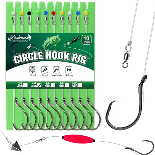 Dovesun 10 Stück Circle Hooks Rigs Angelhaken mit Vorfach Angelhaken Set Hakenlöser Angeln Wels-Rig für Salzwasser Süßwasser Forellenhaken 4/0