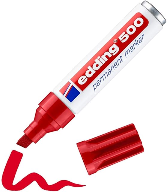 edding 500 Permanent Marker - Red - 1 Pen - Chisel Tip 2-7 mm - Waterproof, Quick-Drying, Smear-Proof Pens - for Cardboard, Plastic, Wood, Metal, Glass and Fabric