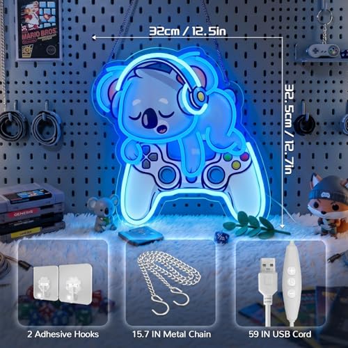 Image of Koala Gaming Neon Sign,LED Koala Wall Light with Game Controller,USB Powered 5V /2A Dimmable Neon Light for Gamers,Kids' Rooms,Game Rooms & Home Bars,Fun Video Game Decor,Room Decor