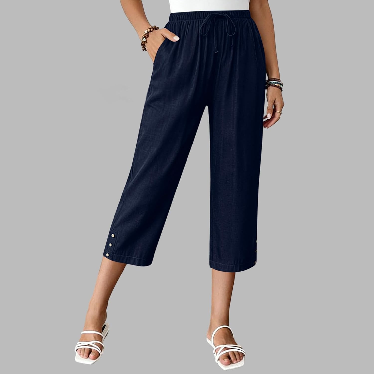 Women's Wide Leg Capri Pants Drawstring High Waisted Summer Beach Vacation Casual Lounge Trousers with Pockets