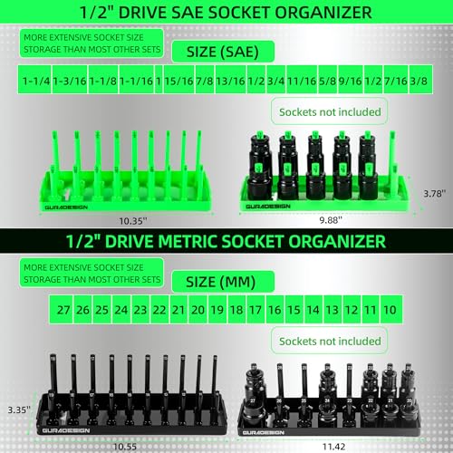 GURADESIGN 8PCS Socket Organizer Set, Socket Holder, 1/4", 3/8", 1/2" Metric & SAE Socket Tools Trays. by GURADESIGN - Used condition - Image 2