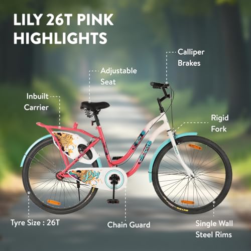 Image of CULTSPORT by Cult Lily Cycle for Girls /Women 26 inch, Bicycle for 13+Years with Steel Frame & Inbuilt Carrier I 85% Assembled with Rigid Fork, Frame Size :15 inch, Womens, Pink