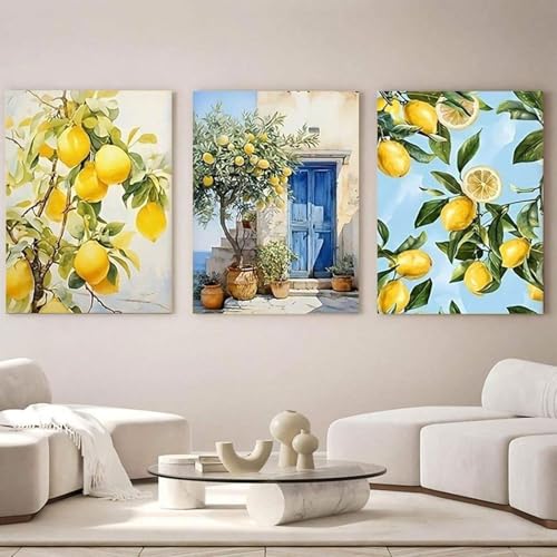 Conjunto de 3 carteles premium, pinturas en lienzo de limón de verano, cuadro de lienzo con impresión artística sin marco, imágenes de decoración boho para sala de estar y dormitorio (40 x 50 cm)