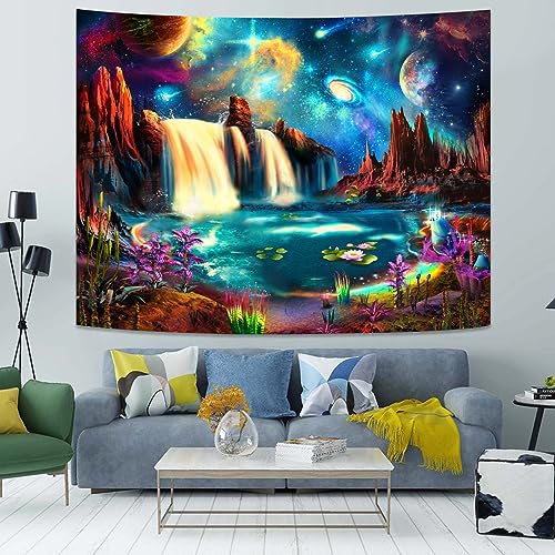 Fungarth Blacklight Galaxy Tapestry Planet Uv Reactive Space Tapestries Waterfall Landscape Fantasy Mountain Tapestry Wall Hanging Colorful Neon Plants Mysterious Nebula Aesthetic Tapestry For Bedroom thumb #4