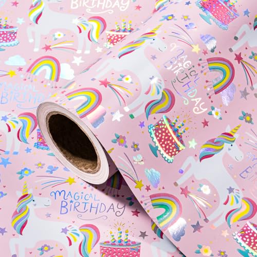 WRAPAHOLIC Unicorn Birthday Wrapping Paper Roll - Mini Roll - 17 Inch x 16.5 Feet - Rainbow Foil Pink Magical Birthday Unicorn Wrapping Paper for Girls Kids Party Baby Shower
