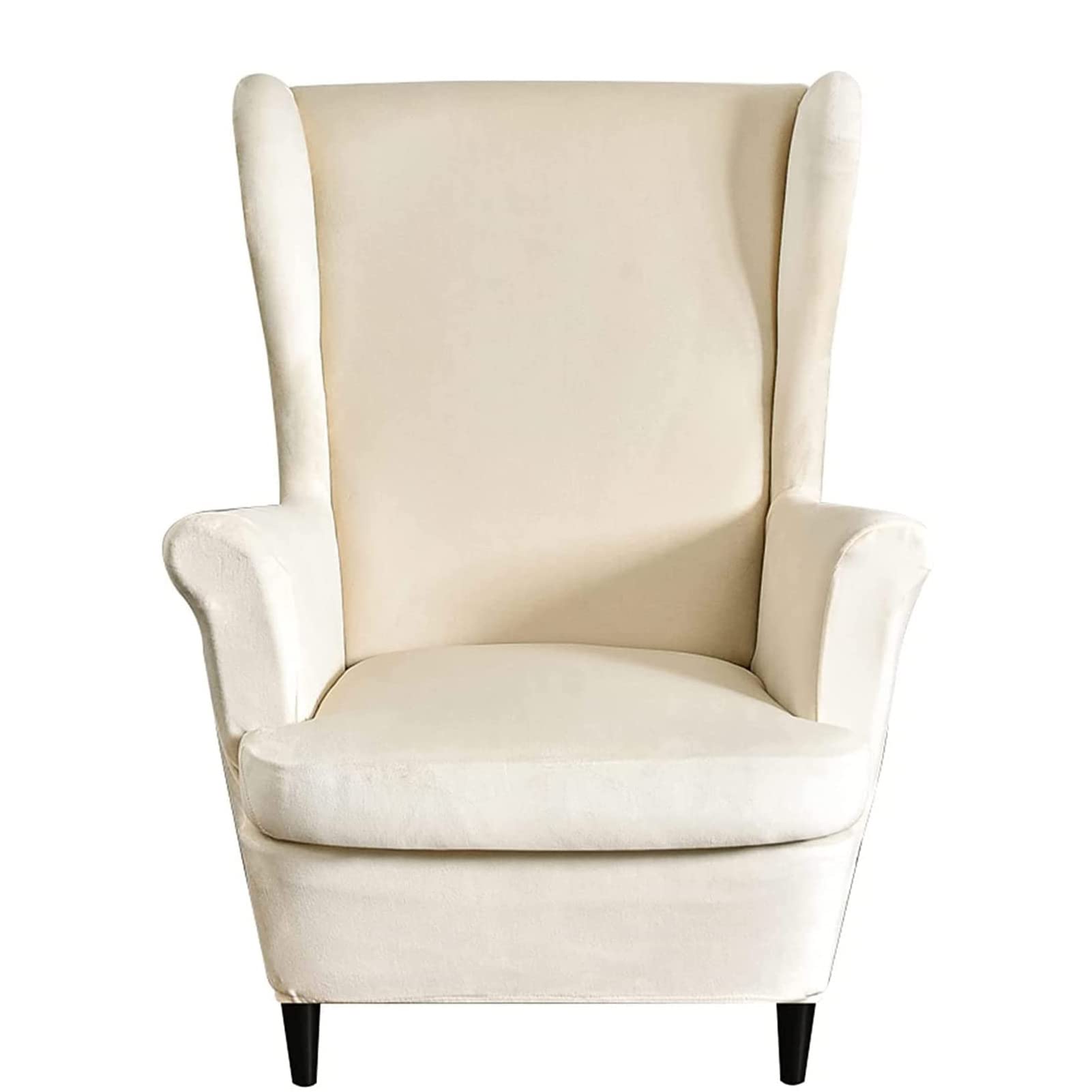 SHUOJIA Wingback Chair Covers 2-Piece Stretch Luxury Velvet Wing Chair Cover for Armchair, Washable Sofa Chairs Slipcover Furniture Protector for Living Room Bedroom Hotel (Beige)