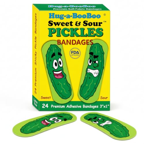 Sweet & Sour Pickles Premium Adhesive Bandages from Hug-a-BooBoo - Colorful Bandages with Fun Pickle Faces. Use as Pickle Stickers Too! 24 Ct Box