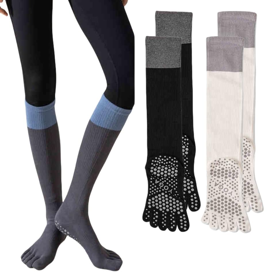 UIVXXUD 2 Pairs Anti-Slip Toe Socks No Show for Women, Warm Athletic Socks for Yoga, Fitness, Mid-Calf Compression Socks