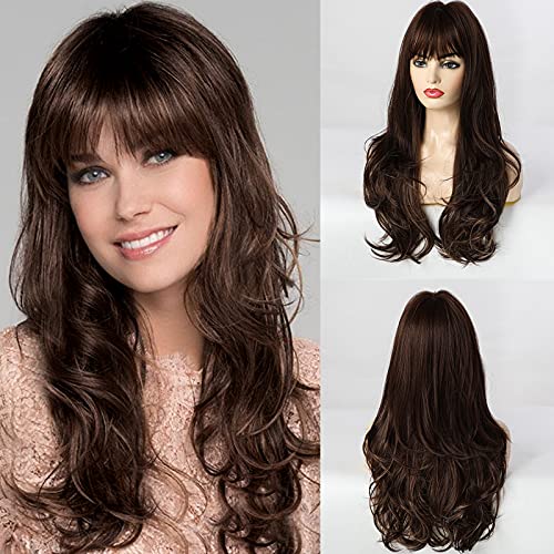 BLONDE UNICORN Long Hair Wig with Highlights Brown Wig for Women Curly Hair Wig with Bangsâ€¦