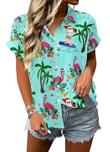 UYIQL Christmas in Hawaiian July Shirts for Women Flamingo Santa Top Blue M