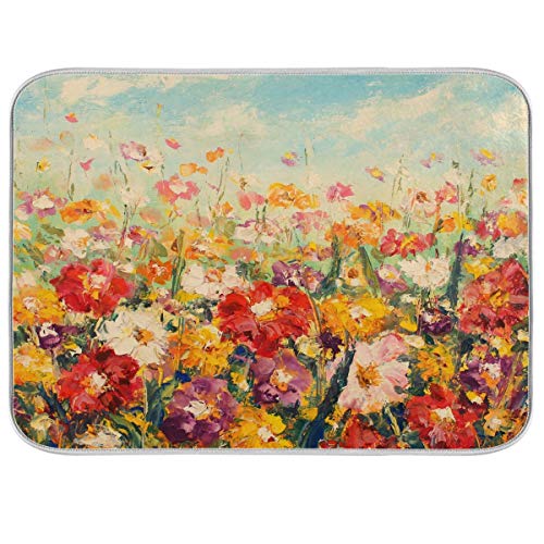 Oil Painting Flowers Dish Drying Mat for Kitchen Counter 18 x 16 inch - Absorbent Reversible Microfiber Dish Mat Heat Resistant Drying Pad Dish Drainer Mats for Countertop - Red