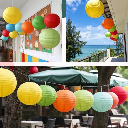 Image of Colorful Chinese Paper Lanterns with LED Lights, 10-Pack 10inch | Hanging Lights for Birthday Party Decorations, Ceiling Decor, Rainbow Classroom, Home Party, Baby Shower & Carnival