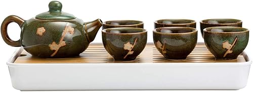 TJ Global Juego de té de cerámica chinajaponesa, 100% hecha a mano tradicional con teteras, 6 tazas de té, bandeja de té de bambú con drenaje (verde)