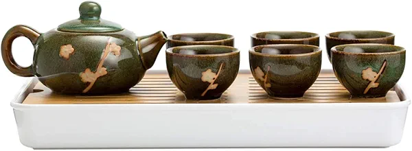 TJ Global Chinese/Japanese Ceramic Tea Set, 100% Handmade Traditional Tea Ceremony Set with Teapots, 6 Teacups, Bamboo Tea Tray with Drainage (Green)
