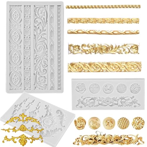 3D Baroque Sculpted Cake Mould, 2PCS Fondant Silicone Mold with Blue Drip Irrigation, Scroll Border Embossed Lace Molds Retro Relief Fondant Mould for Sugarcraft Clay Gum Icing Candy