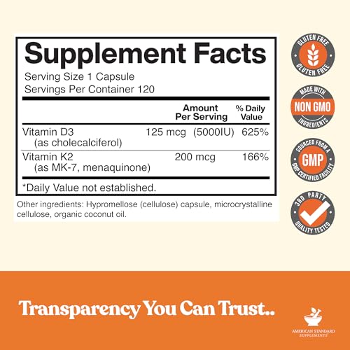 Image of American Standard Supplements Vitamin D3 5000 IU (125mcg) Plus Vitamin K2 (MK7) 200mcg Per Capsule - Gluten Free, Non-GMO, 120 Capsules, 120 Servings, 120 Day Supply (Pack of 2)
