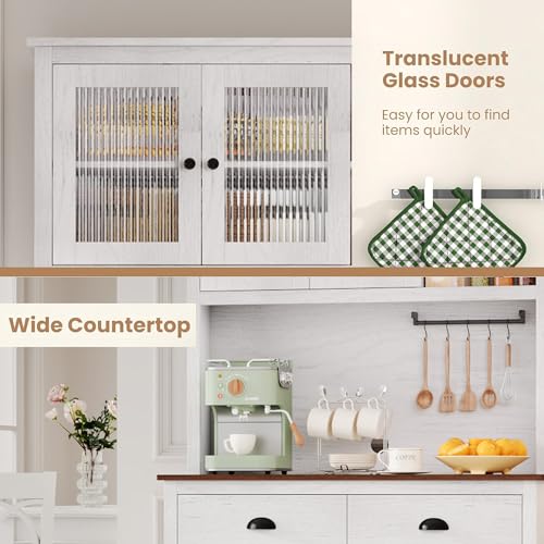 GarveeHome Kitchen Pantry Storage Cabinet, 71" Tall Wood Pantry with Microwave Stand, Modern Kitchen Hutch Cabinet, Coffee Bar Hutch with Wine Rack for Dining Room, Living Room, White